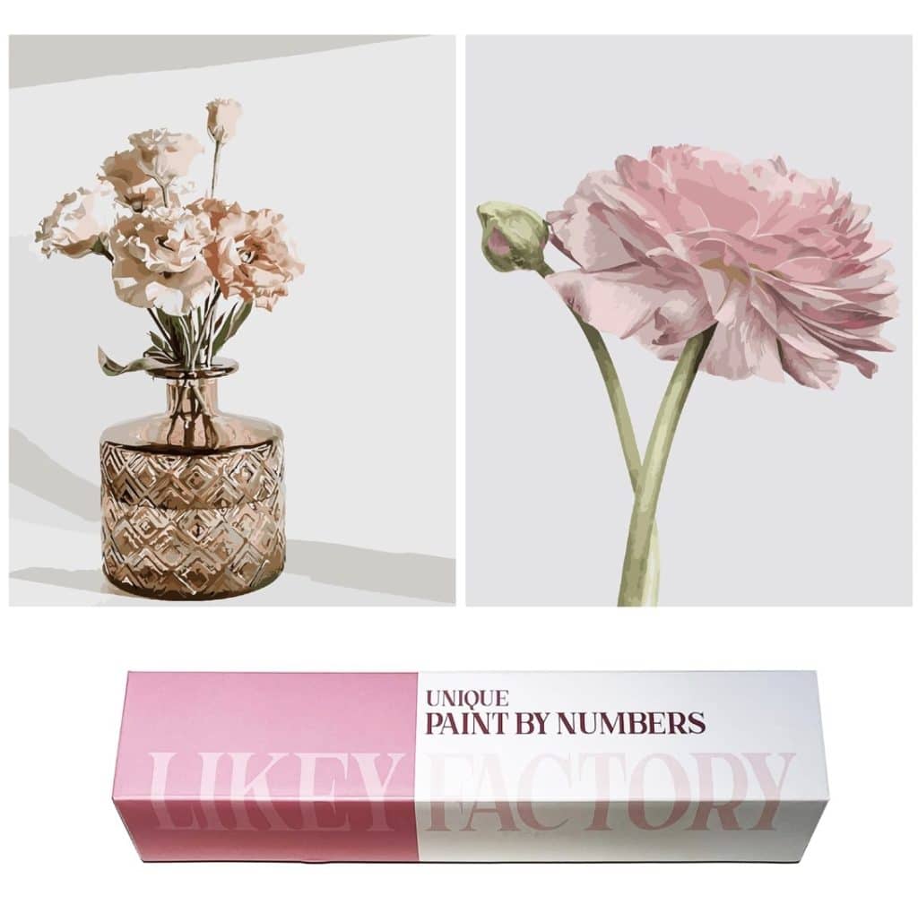 Two watercolor-style paintings: one of pink flowers in a textured glass vase, the other of a single pink flower with a green stem. Below is a pink and white box labeled "Unique Paint By Numbers Likey Factory"—perfect for my favorite flower crafts.